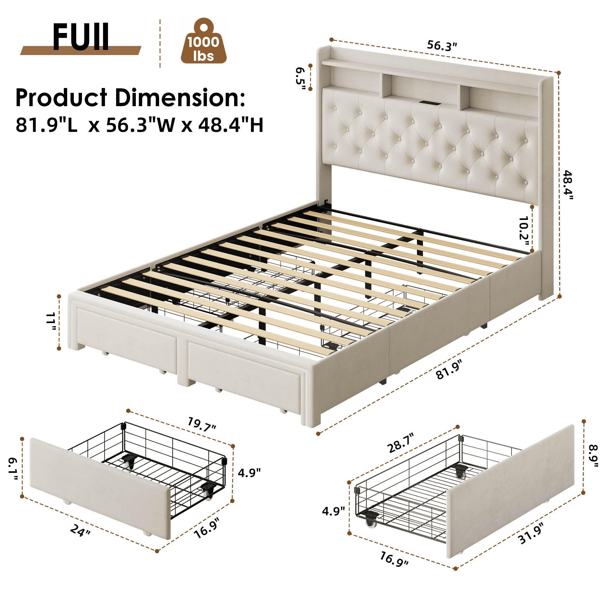 Gewnee Full Size Velvet Upholstered Platform Bed Frame with RGB LED Lights, Charging Station, Storage Drawers, for Bedrooms & Guest Rooms