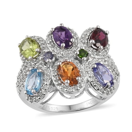 Diopside Quartz Ring - Diopside Multi Gemstone Rhodium Plated Silver Fashion Ring For Women 3.8 Cttw