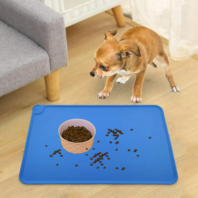 Dog Cat Food Bowl Pad with Raised Edge Waterproof Placemat Washable  Foldable Blue 