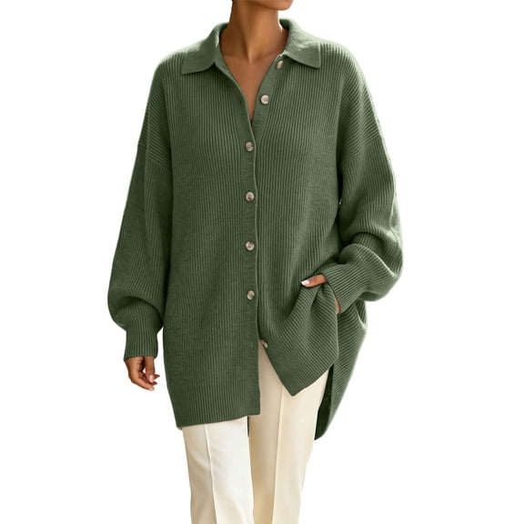 QIYAGBSA Soft Cardigan Sweaters for Women Ribbed Knit Button Down Lapel Collar Loose Mid Length Long Sleeve with Pockets Fall Winter Layer