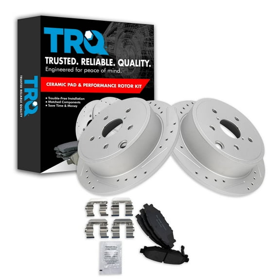 TRQ Rear Performance Brake Pad & Rotor Kit Brake Pads Brake Rotors Set Ceramic Premium G-Coated Fits Select 2015-2019 Subaru WRX