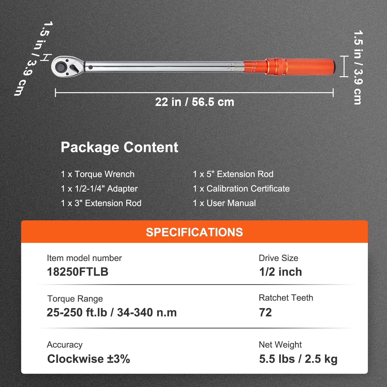 KFFKFF, 1/2" Drive Click Dual-Direction Adjustable Torque Wrench