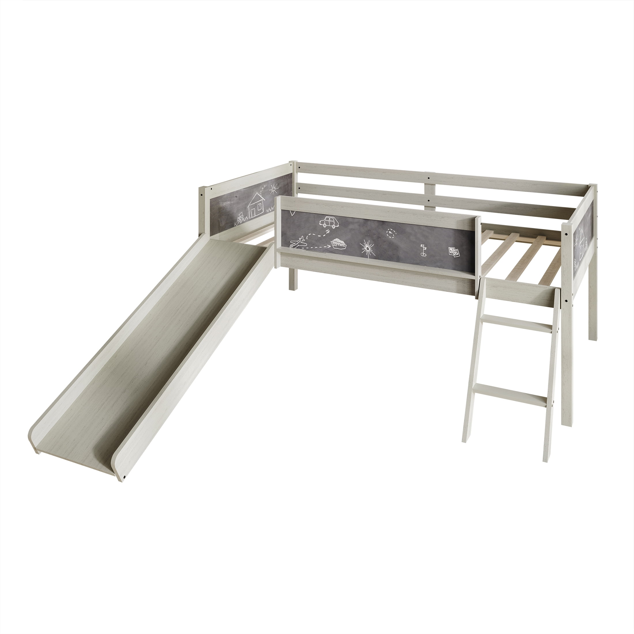 Castle Place Wooden Twin Junior Loft Bed with Chalkboard and Slide, Antique Grey