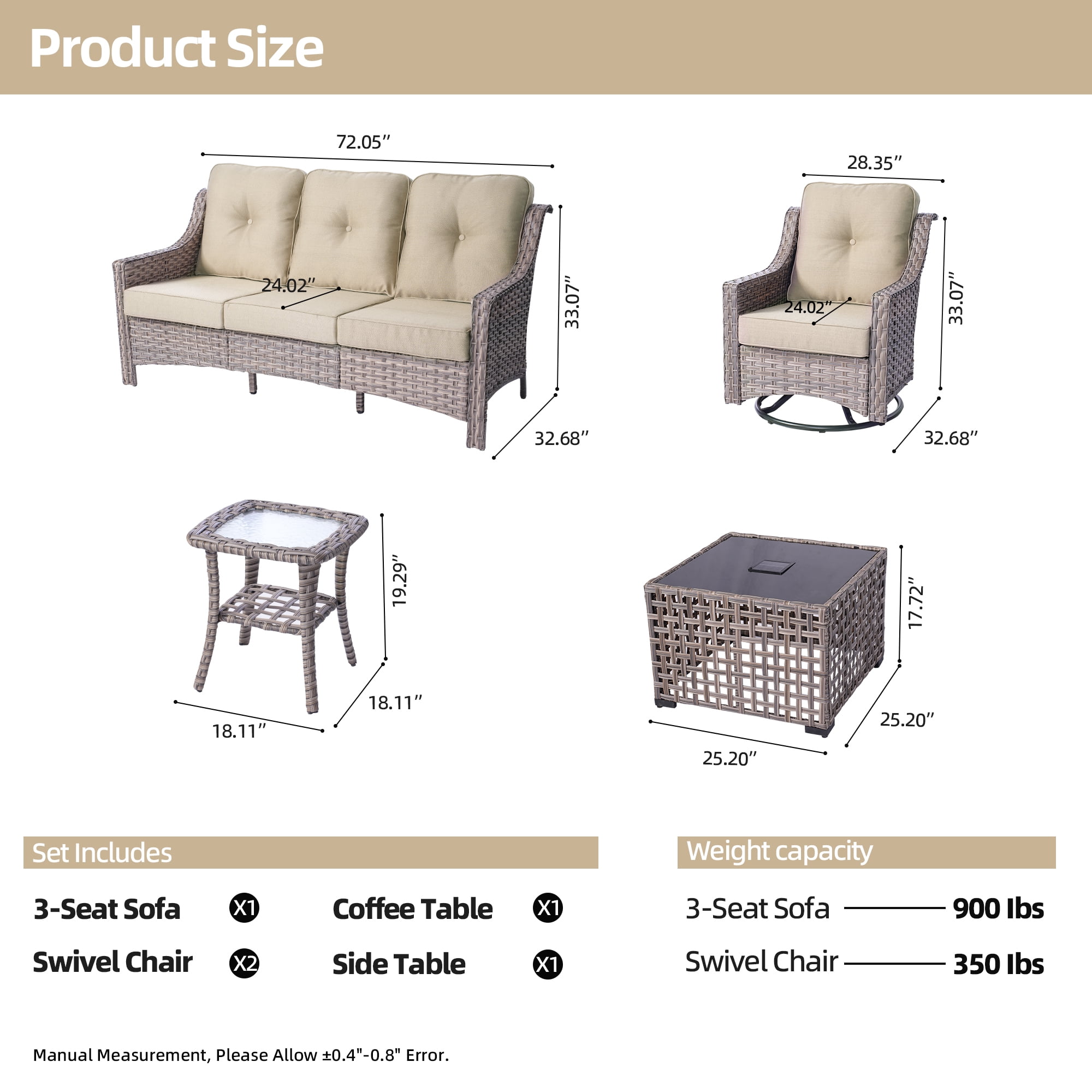 XIZZI Outdoor Furniture Patio Furniture Set 5 Piece Patio Conversation Set with Solar Coffee Table,Swivel Rocking Chair,Side Table-Beige