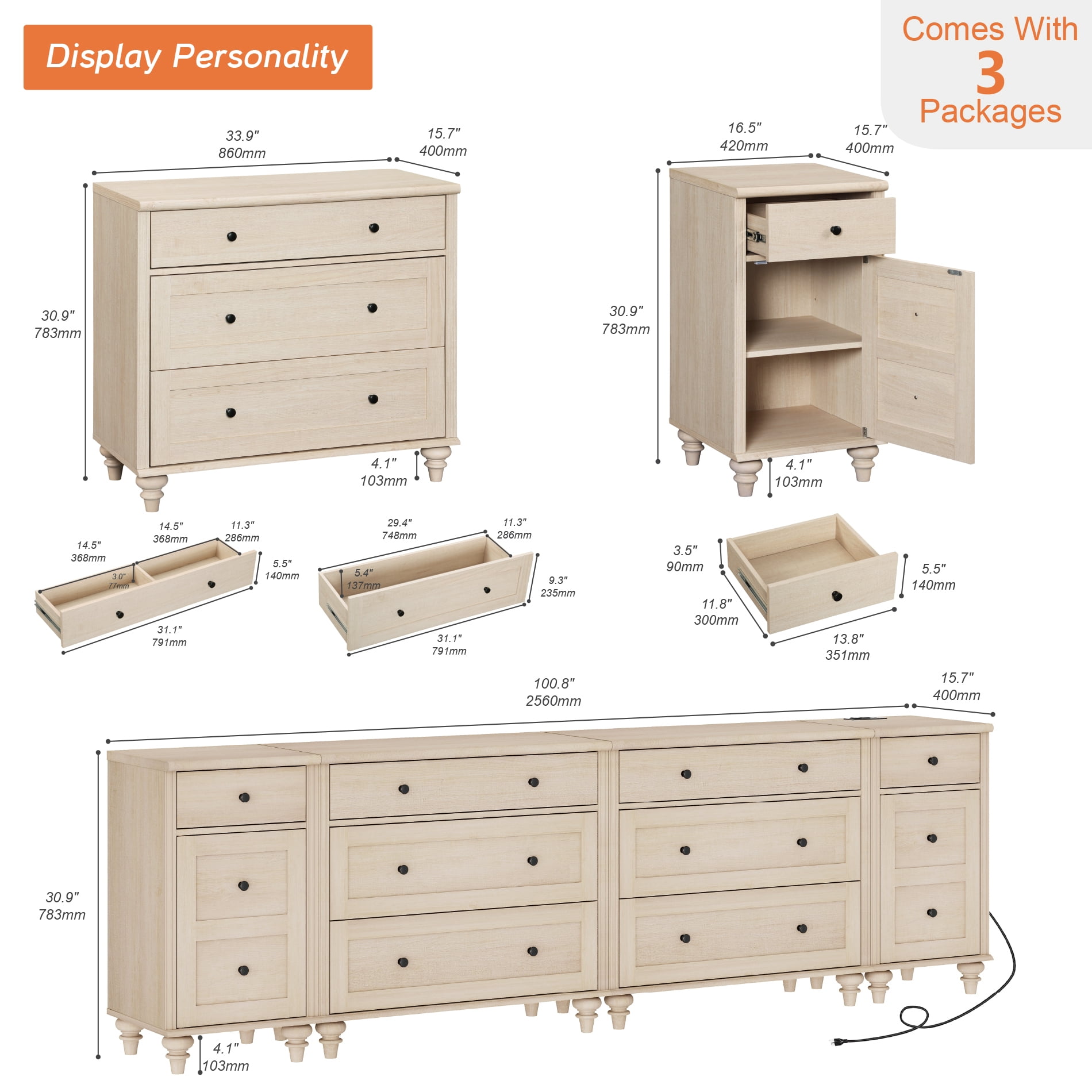 WAMPAT Farmhouse TV Stand for 100 Inch TV, 3-in-1 TV Console Table with 8 Drawers and 2 Storages, Entertainment Center with Charging Station for Living Room, Beige