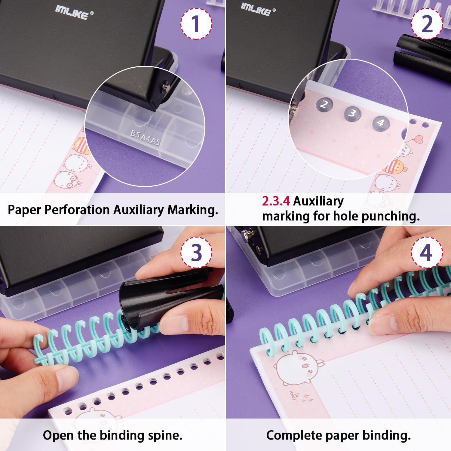 10 Hole Punch Binding Machine for Planners, With 10 Multi-Color 30-Hole Loose Leaf Binding Spines, Punches 26 Holes on B5, 30 Holes on A4, 20 Holes on A5 Paper