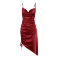 thumbnail image 6 of OSOLU Solid Color Women Shiny Satin Adjustable Straps Backless Cowl Neck Asymmetric Hem Ruched Midi Dress Soft Sundress Vacation 2025 Elegant Classy Dresses, 6 of 6