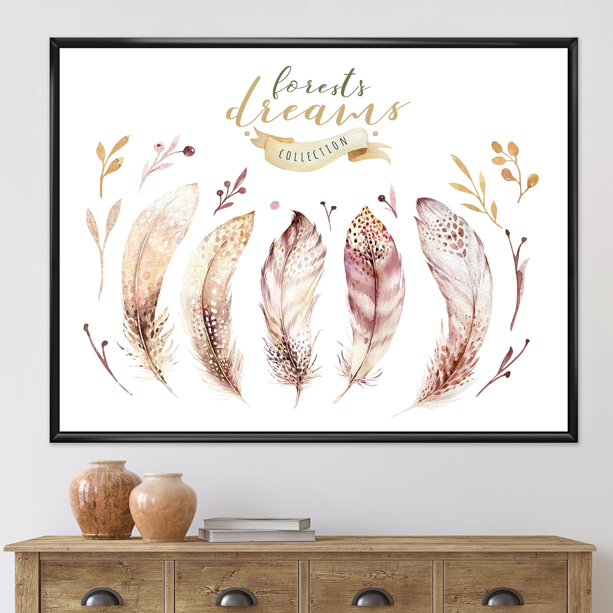 Designart 'Vital Feathers In Ethnic Boho Style' Bohemian & Eclectic Framed Canvas Wall Art Print