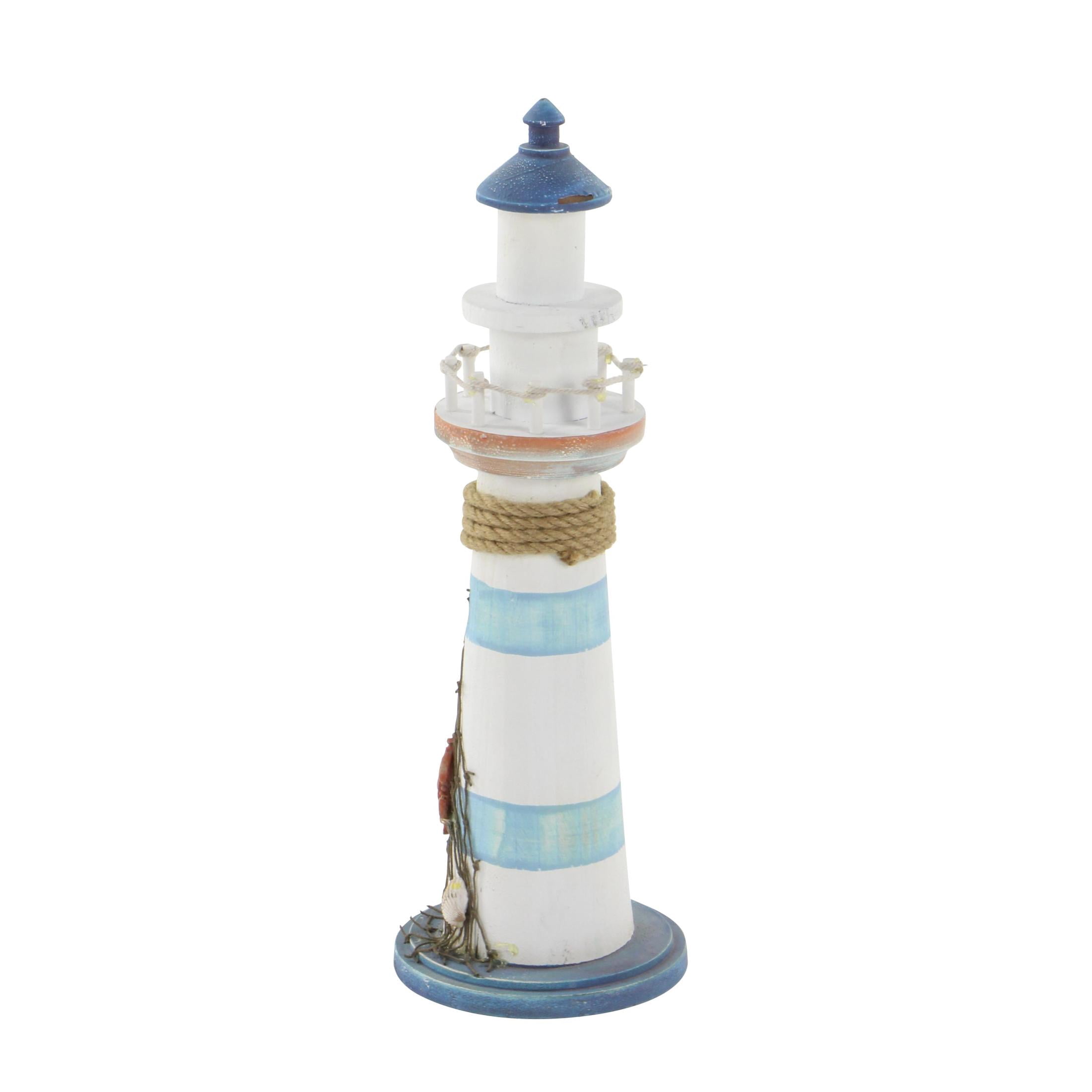 6" x 16" Blue Wood Light House Sculpture with Netting, by DecMode