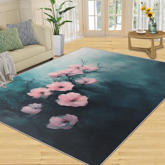 Cherry Blossom Rugs for Living Room, Oil Painting Rugs for Bedroom, Abstract Floral Area Rug, Indoor Carpet, Non Slip & Low-Pile, Washable Rug & Home Decor 2 x 3ft