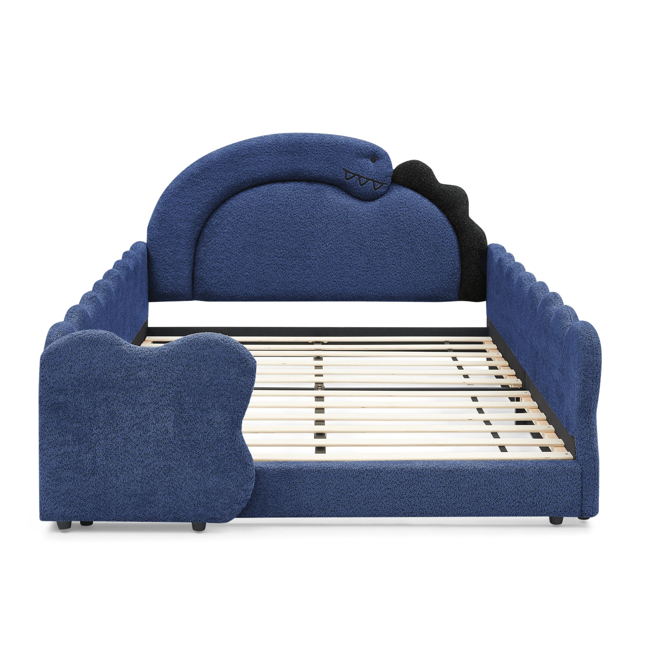 GDF Studio Full Size Cute Dinosaur Bed with Safety Guardrails & Solid Wood Frame, Boucle Fabric Upholstered Bed, Navy