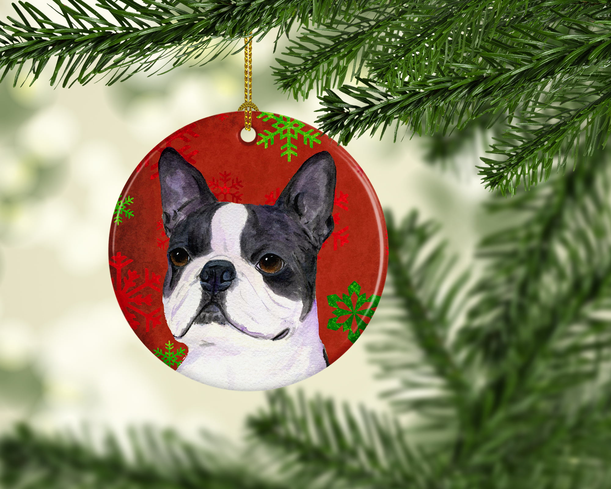 Multicolor Carolines Treasures SS4723-CO1 Boston Terrier Red Snowflakes Holiday Christmas Ceramic Ornament SS4723 3 in 