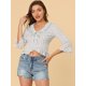 thumbnail image 3 of Blusa de punto con volantes y cuello en V profundo Allegra K floral para mujer blanco L, 3 of 6
