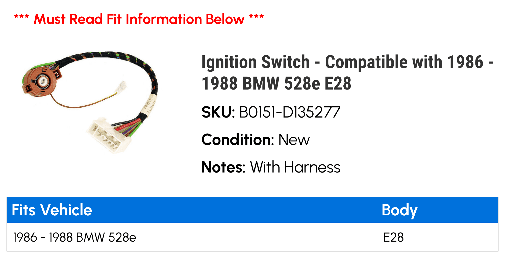 Ignition Switch - Compatible with 1986 - 1988 BMW 528e E28 1987