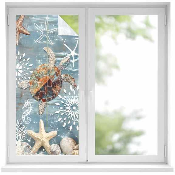 Blue Sea Turtle Coastal Privacy Window Film,Decorative Frosted Glass Window Film,Summer Beach Nautical Starfish Coral Reusable Peel Stick Static Cling for Home Bathroom Office Glass Door 17.7"x39.3"