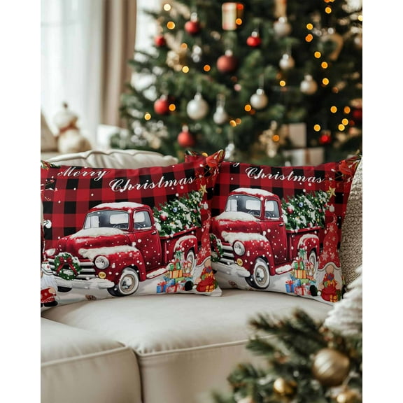 Christmas Decorative Throw Pillow Covers 12x20 Inch Set of 2 Red Truck Gnome Pillow Cases for Couch, Merry Christmas Tree Plaid Cushion Case for Living Room Bedroom Bed Car Chair
