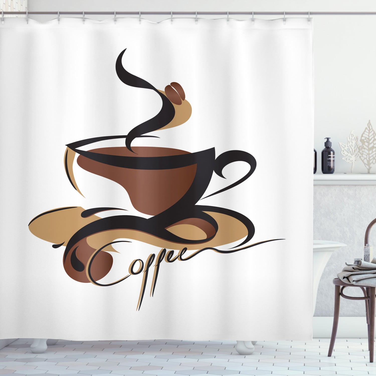 Coffee Shower Curtain, Coffee Cup with Abstract Curved Lines Refreshing ...