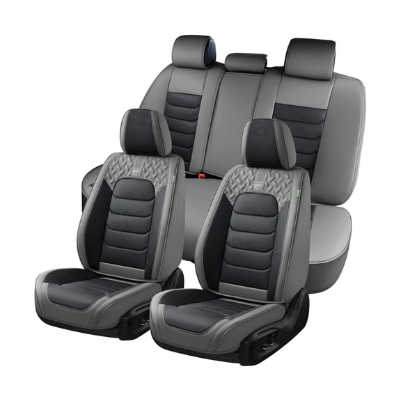 FLORICH Full Set Car Seat Covers, Waterproof Faux Leather Seat Protectors, Comfortable Auto Interior Cushions Fit for Most Cars SUV Trucks, Black & Gray