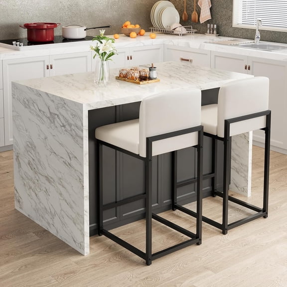 Bar Stools Set of 2, Modern Upholstered Barstools with Backs, Counter Height Bar Stool Chairs for Kitchen Island, Dining Room, Metal Legs & Faux Leather, White Counter Stools