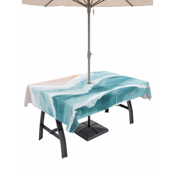 Outdoor Tablecloth with Umbrella Hole and Zipper, Aqua Coastal Beach Waterproof Patio Tablecloth for Dining 60''x84'', Modern Oil Painting Nautical Wipeable Table Cover for Picnic BBQ Party Patio