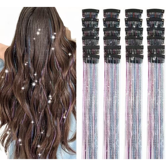 Hair Tinsel Pack of 24 Pcs, 20 Inch Clip in Hair Tinsel Extensions, Colorful Glitter Hair Accessories for Women Girls, Fairy Hair Party Kit - Metallic Shimmer Strands