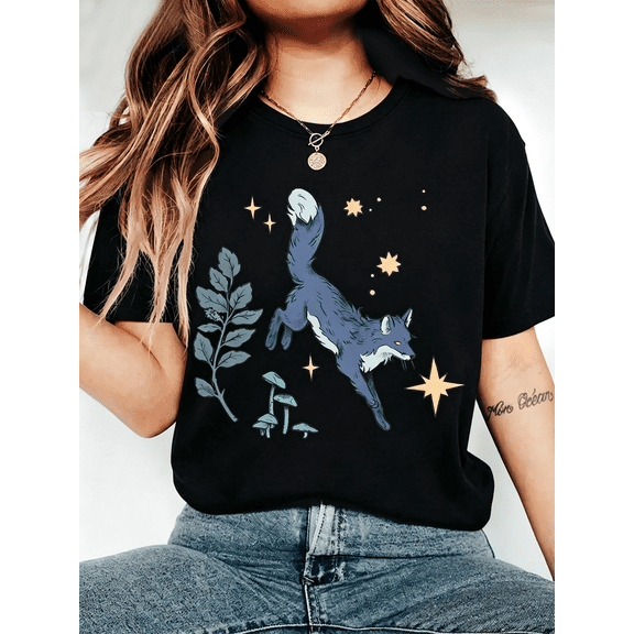 Women's Celestial Blue Fox Mushroom Graphic T‑Shirt Witchy Forest Fall Short Sleeve Casual Tee