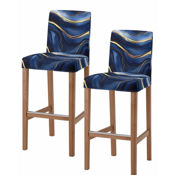 Marble Navy Blue Bar Stool Covers Set of 2, Modern Golden Ombre Retro Fluid Art Stretch Washable Bar Chair Covers with Backs, Removable Pub Counter Height Chair Cover for Kitchen Dining Room Cafe