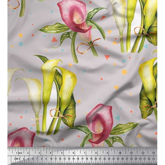 Soimoi Gray Poly Georgette Fabric Triangle,Leaves & Lily Flower Print Sewing Fabric BTY 52 Inch Wide