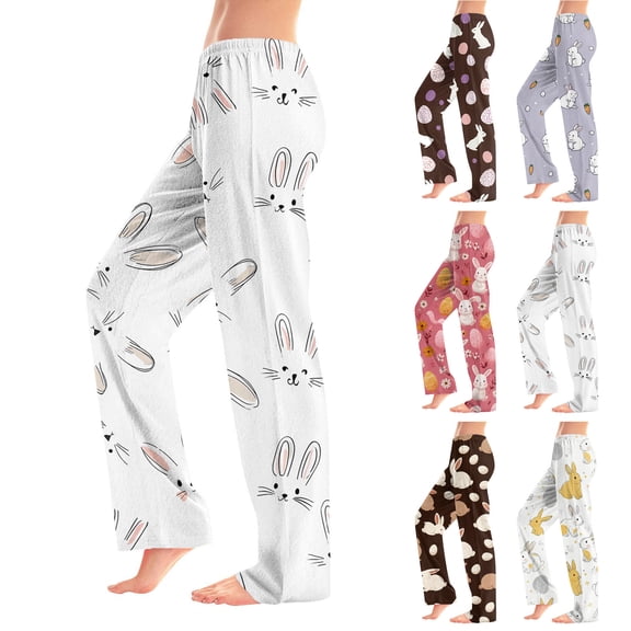Hearthz Easter Womans Pajama Pants Bunny Egg Hunt Print Pj Bottoms Women Drawstring Straight Leg Lounge Pants Women