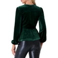 thumbnail image 3 of INSPIRE CHIC Women's Velvet Blouse V Neck Long Sleeve Tie Waist Peplum Tops XS Dark Green, 3 of 6