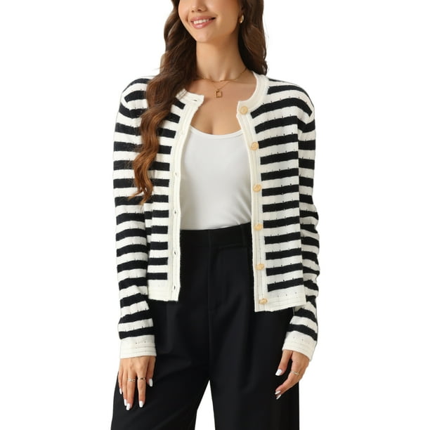 SWEATER DE PUNTO A RAYAS PARA MUJER INSPIRADO CHIC, CON BOTONES, MANGA LARGA, CÁRDIGAN CASUAL, BLANCO Y NEGRO