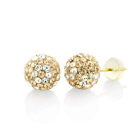 - 14k Yellow Gold Womens 8mm Peach White Flower Austrian Crystal Ball Studs Earrings