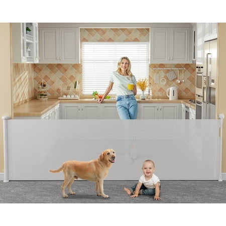 118 inch Retractable Baby Gates Extra Wide for Large Opening DynaBliss Retractable Baby Gate for Stairs Doorway Extra Long Dog Gate Adjustable Large Pet Gates for Dogs Indoor Mesh Child Gate (White)