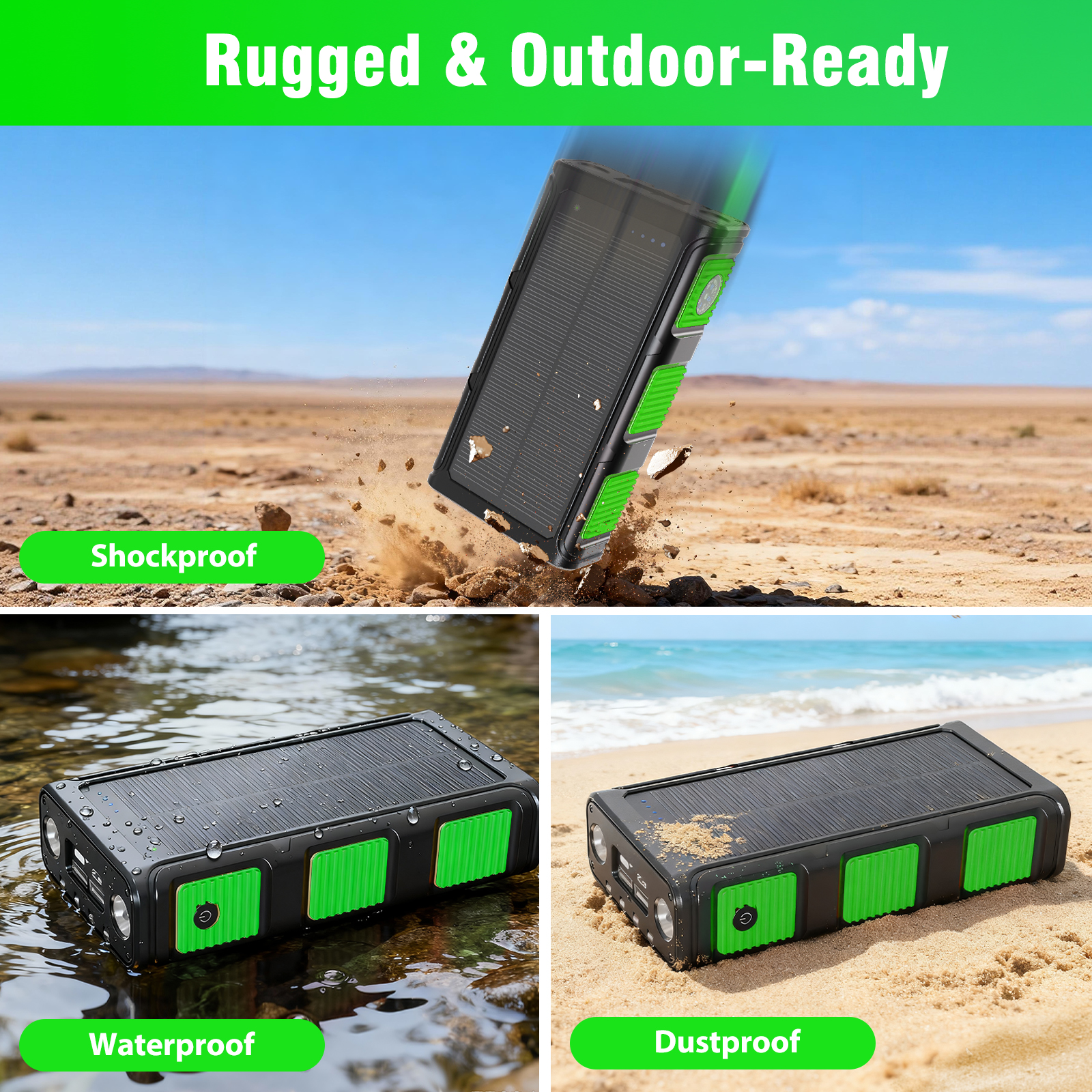 Power Bank Wireless Charger 68800mAh Built in Hand Crank and 4 Cables 15W Fast Charging Power Bank 7 Outputs & 4 Inputs Solar Portable Charger, SOS/Strobe/Strong Flashlights, Compass(Green)