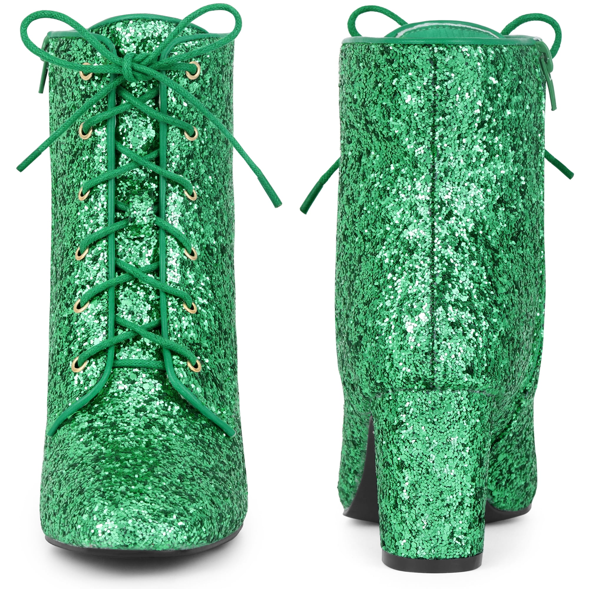DARING DIVA Women's Square Toe Glitter Block Heels Ankle Boots Green 5.5