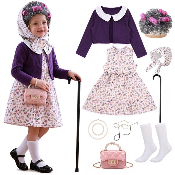 Girls Dress Up Set Old Lady Costume Set 100 Days of School Fancy Dress with Wig Granny Outfit Ages 3–10