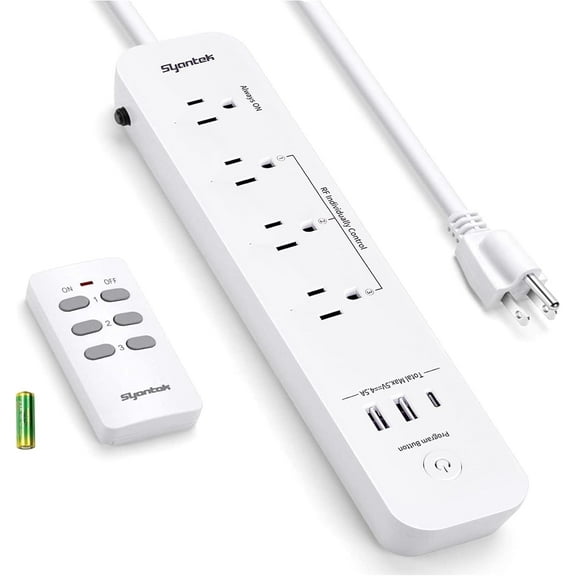 Syantek Remote Control Power Strip with 3 RF Outlets, 3 USB Ports, 5ft Cord, 15A/1875W Surge Protector for Household Appliances