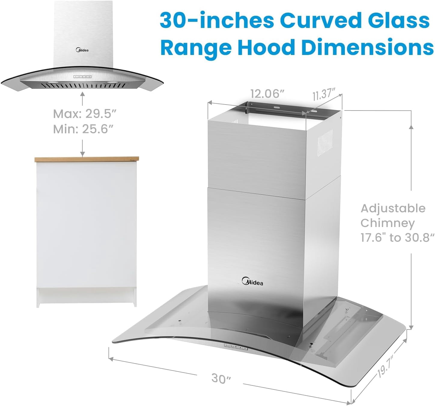 Midea 30 inch Ducted Vent Hood: 450 CFM, 3-Speed Fan, Stainless Steel, Wall Mount, MVG30W8AST, New