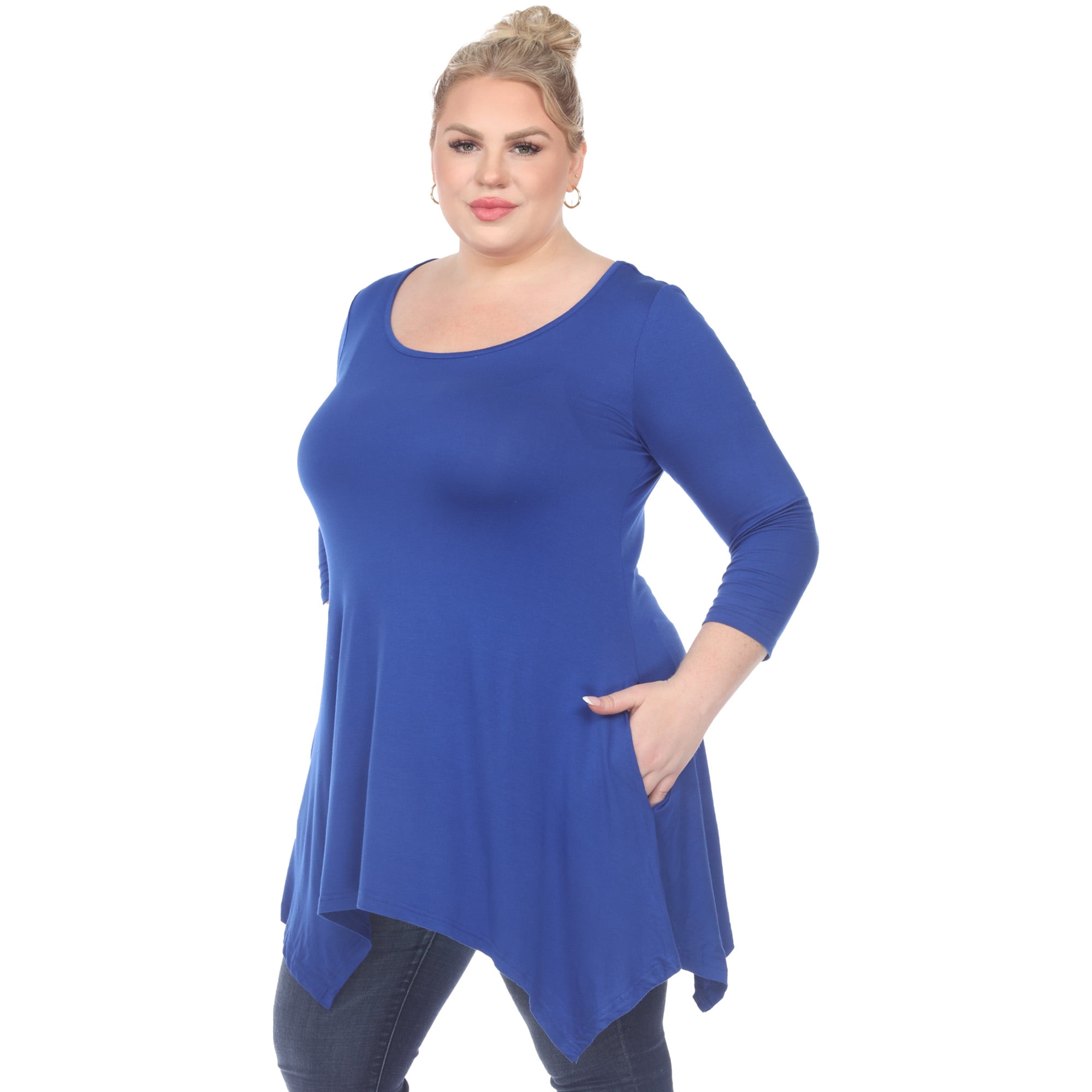White Mark Women's Plus Size Quarter Sleeve Solid Sharkbite Tunic Top