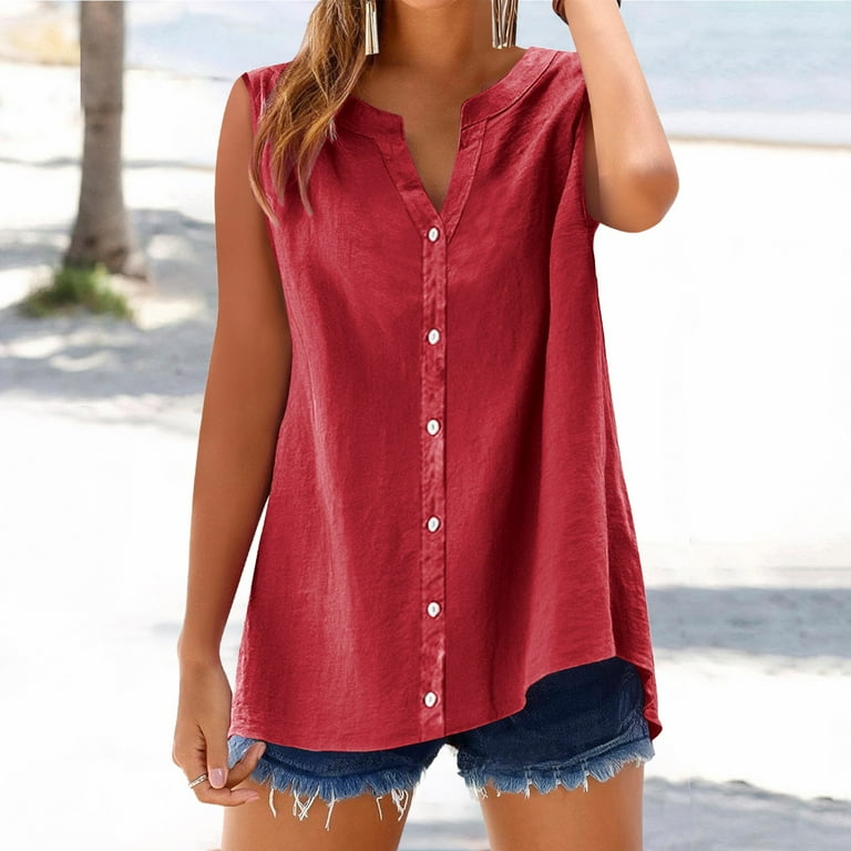 Clearance Sale!! Womens Sleeveless Button Down Shirt Collared