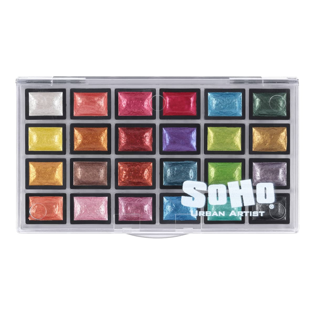 SoHo Urban Artist Mini Pan Metallic Watercolor Set of 24 – Luminous Shimmering Mini Pans, Professional Watercolor Paint Set in Clear Plastic Case, Semi-Moist Watercolor Pans for Easy Color Lift