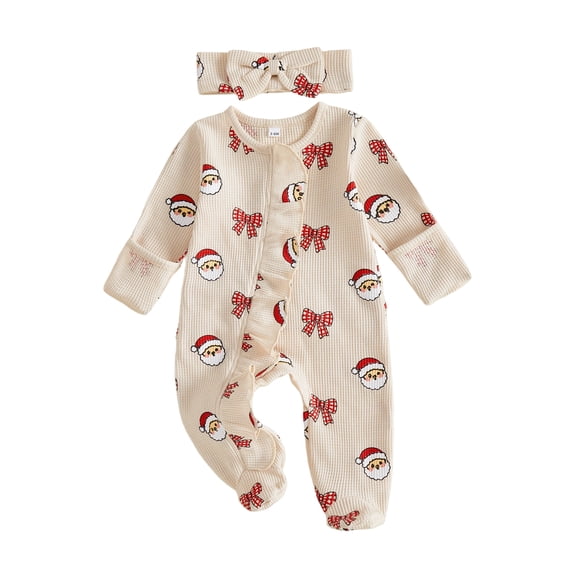 Lairauiy Newborn Infant Girl Christmas Footie with Bow Headband 2 Pcs Set Zip Front Romper 0-6 Months