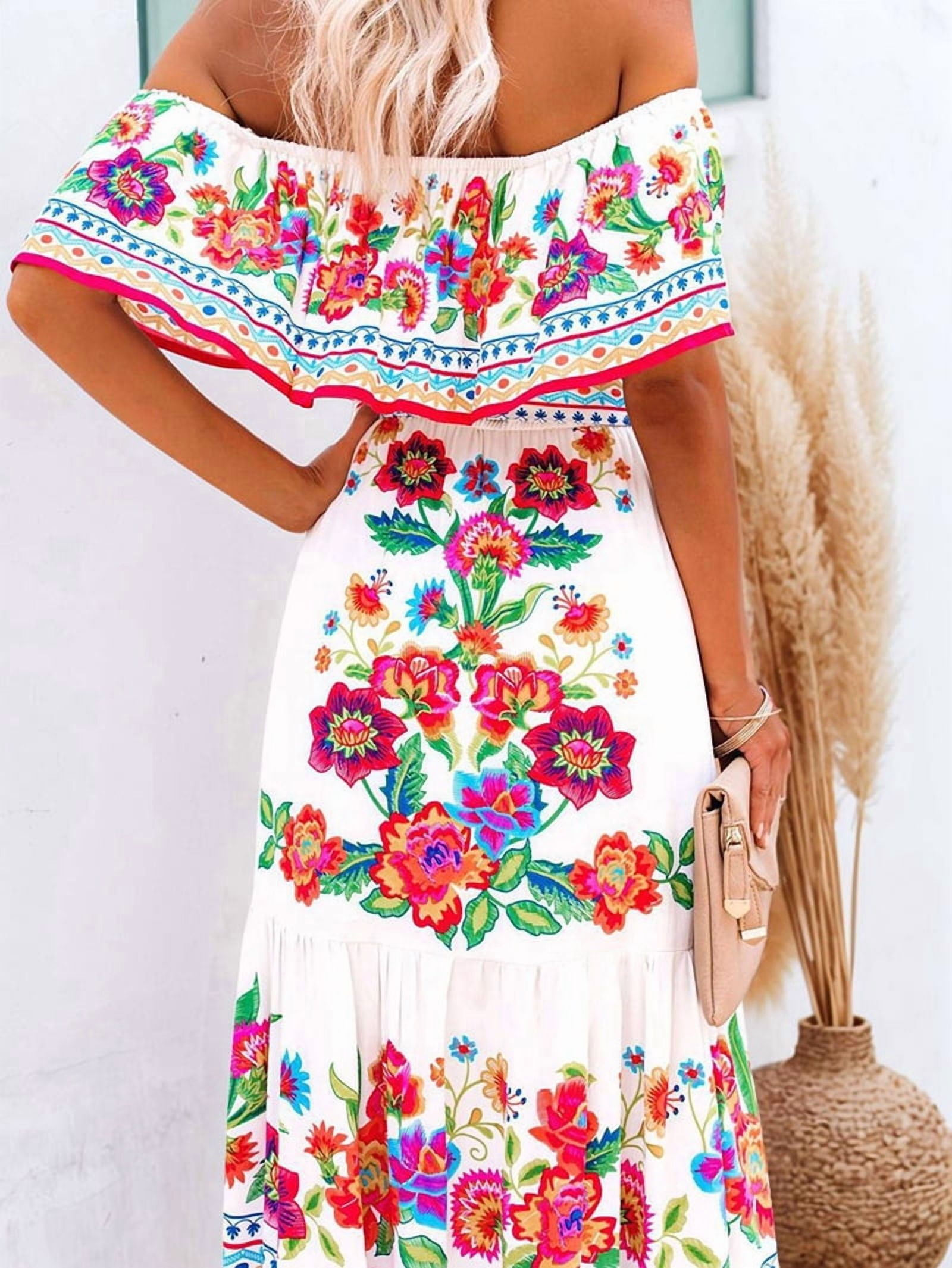 Women's Mexican Maxi Dress Off the Shoulder Sleeveless, Floral Print Long Beach Dress for Summer, Bohemian Vacation White & Red L