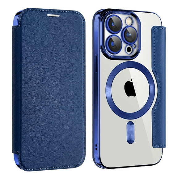 Flip Magnetic Case for Apple iPhone 15 Pro Max, Compatible with Magsafe Cards Holder Wallet Case RFID Blocking Clear Back Cover Anti-Scratch Folio Shockproof Bisiness Type Case for Women, Darkblue