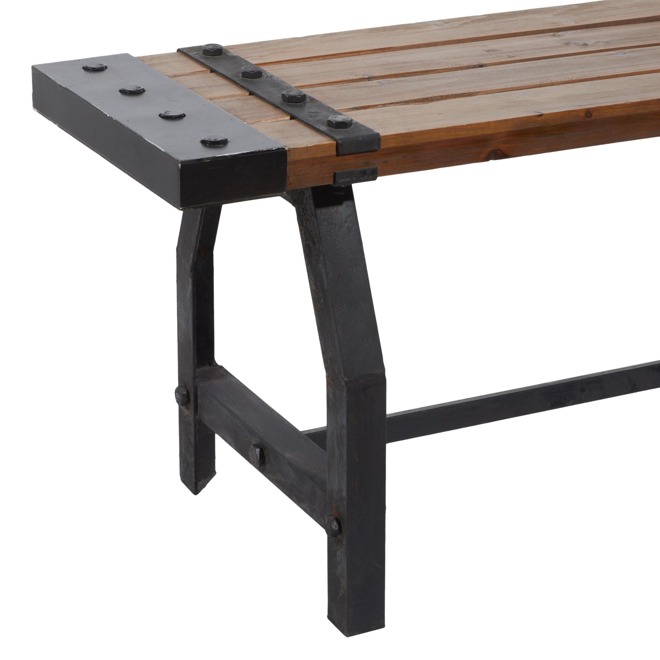 DecMode Wood Slatted Bench with Black Metal Base and Studs, Brown