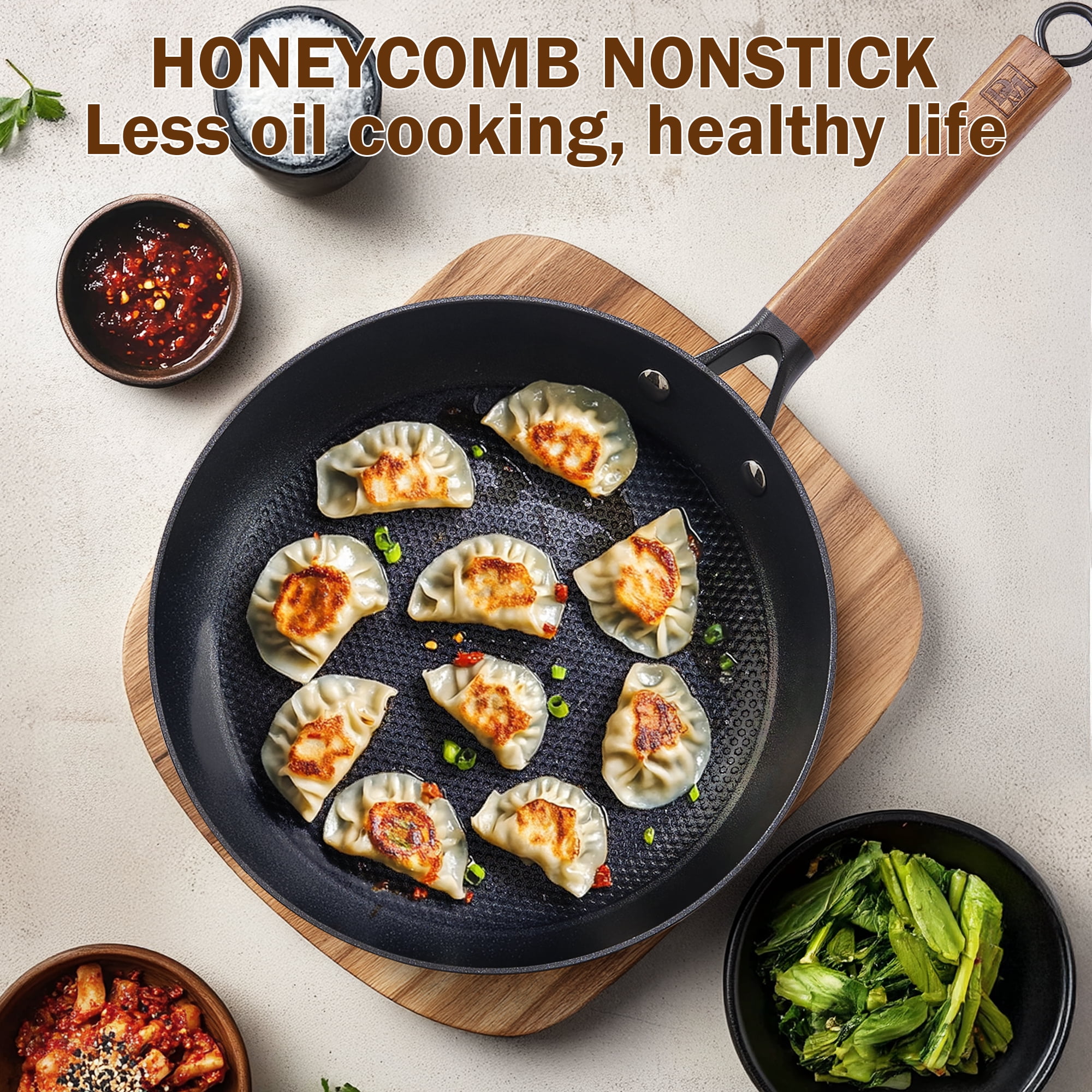 D&M Cast Iron Skillet, 8 Inch Nonstick Frying Pan with Detachable Acacia Wooden Handle, Honeycomb Non stick Omelet Egg Pan, Easy Clean Oven Safe Pans for Cooking