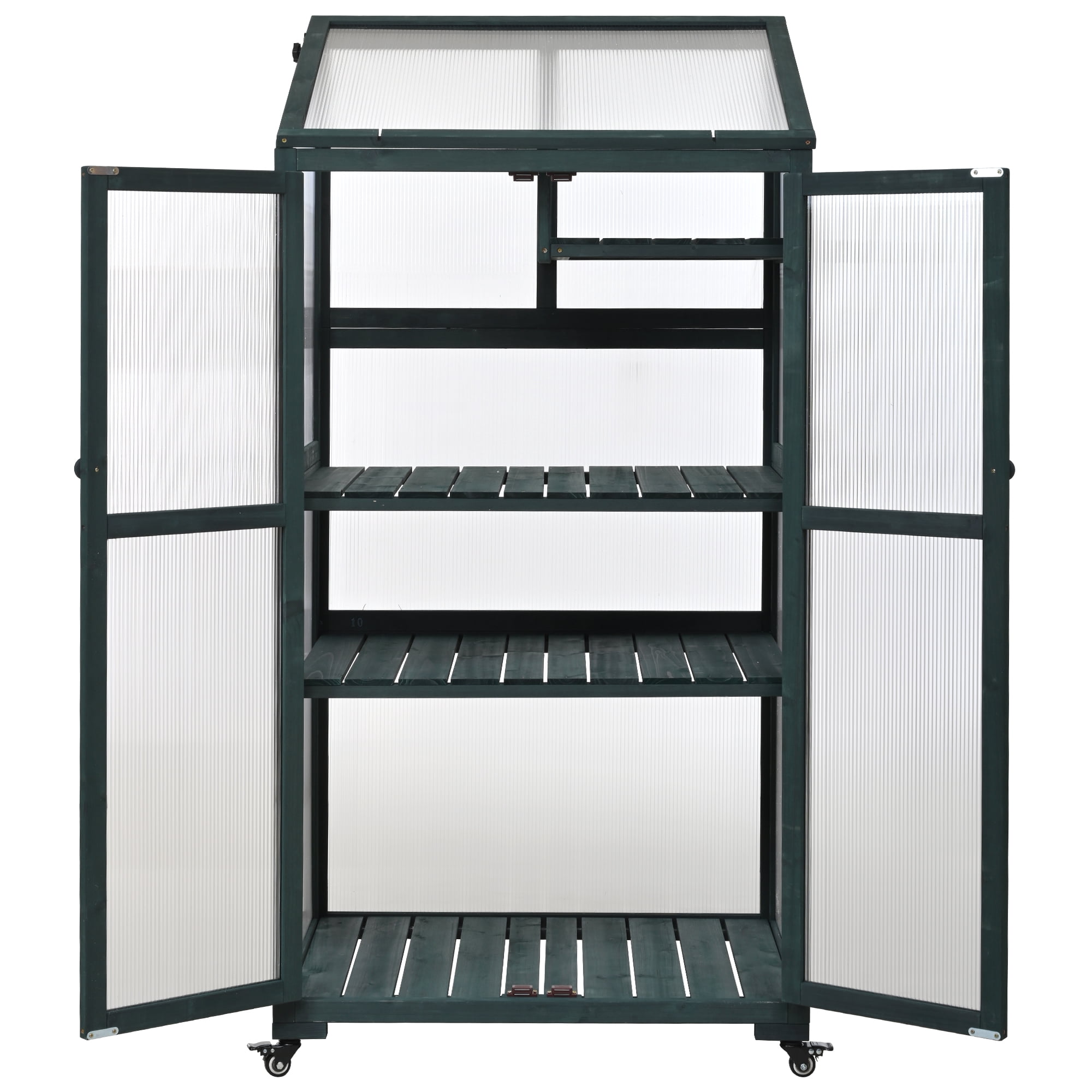 Harper & Bright Designs Wood Cold Frame for Garden with Movable Wheels, Outdoor Greenhouse with Openable Roof and Adjustable Shelves, Green