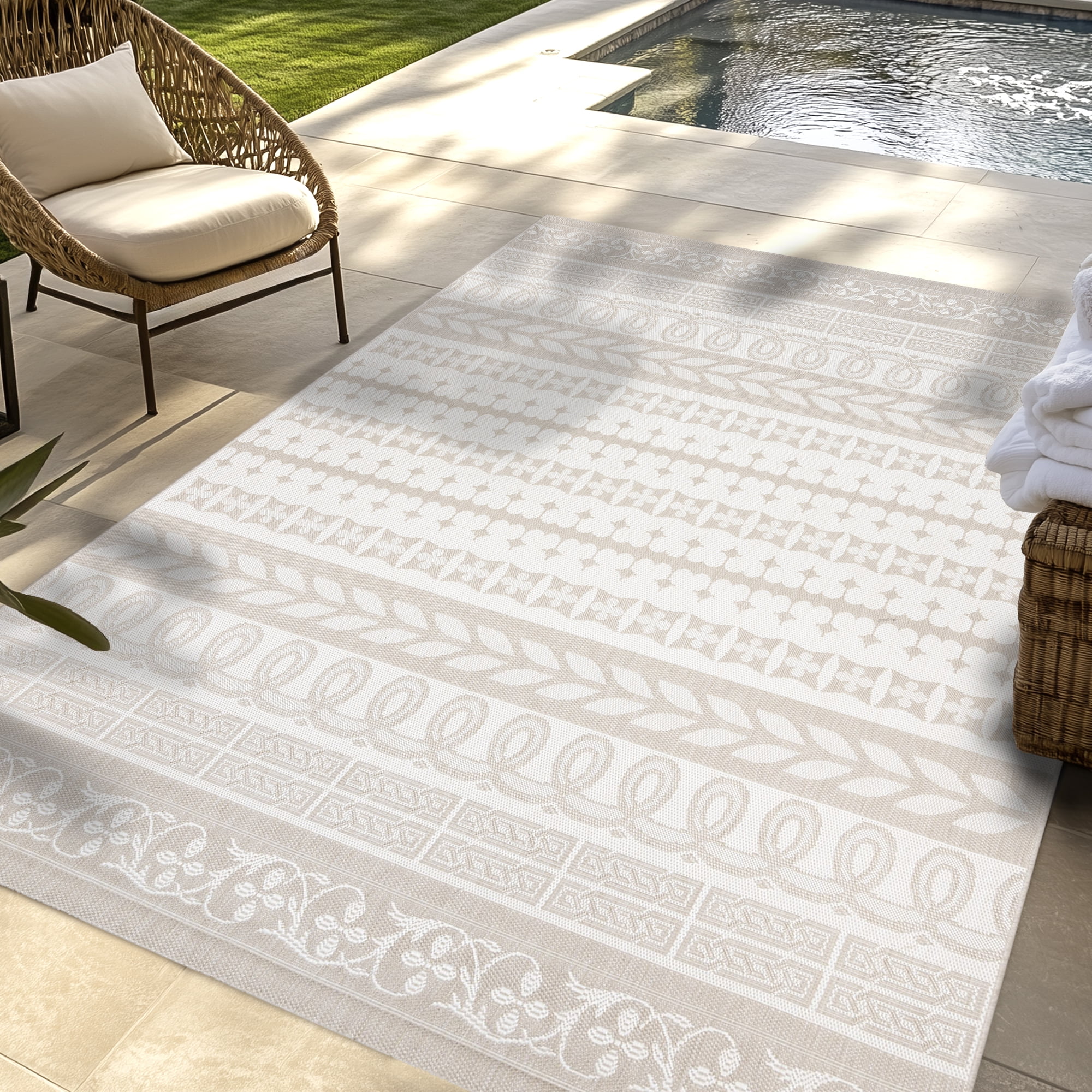 Gertmenian Paseo Burke Stripe Bohemian Striped Cream/Beige Outdoor Area Rug, 6x9