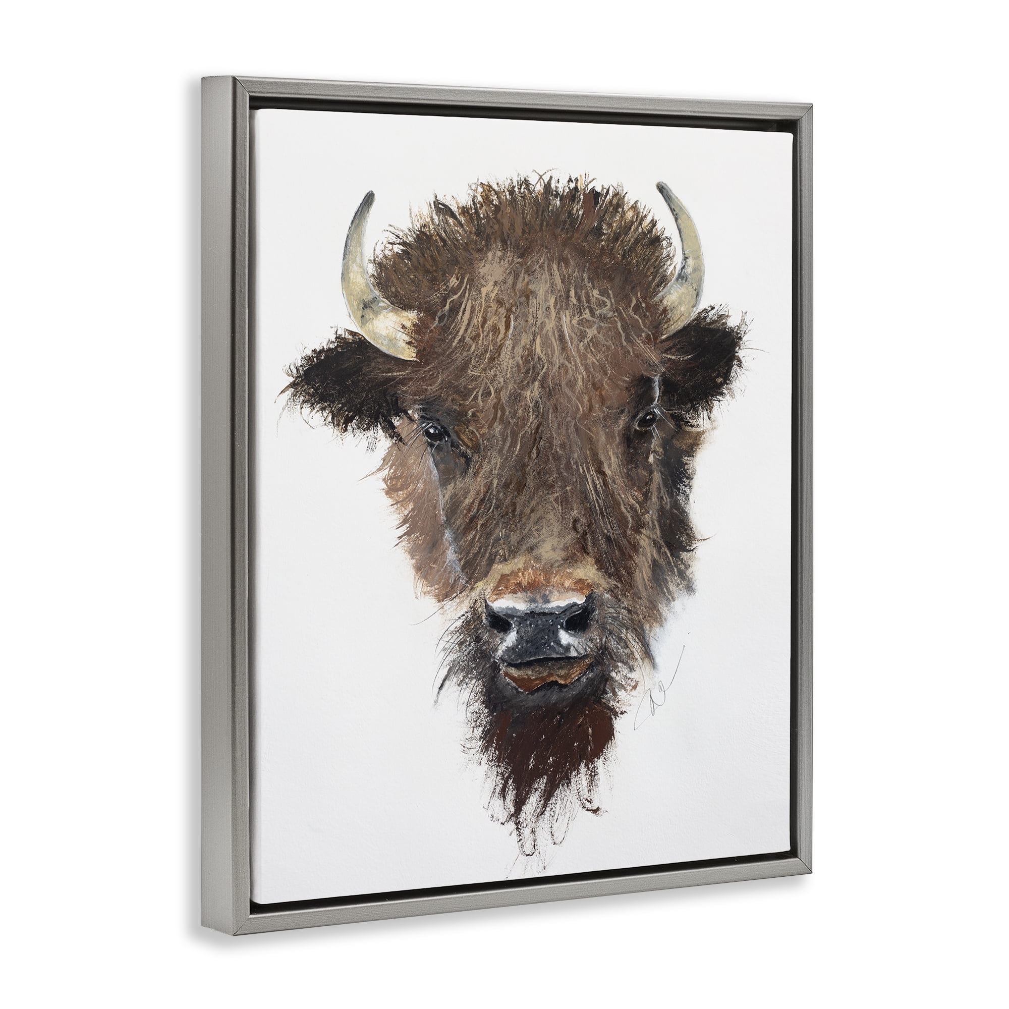 Stupell Industries Western Bison Visage Animals Painting Gray Floater Framed Canvas Art Print Wall Art, 25 x 31