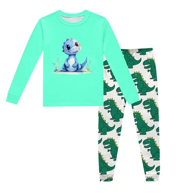 Pyjamas d'Été pour Garçons Ensemble de Pyjama 2 Pcs Imprimé Dinosaure Col Rond Manches Longues Pantalon Printemps Automne Pyjamas pour Enfants Vert Menthe 3 Ans-4 Ans